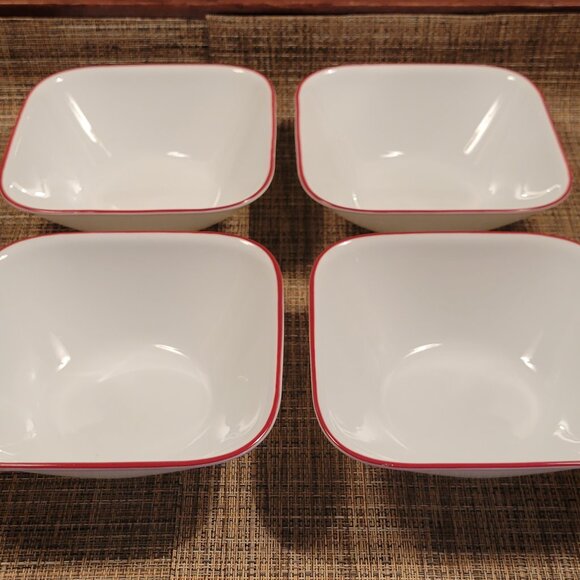 Corelle Set (4) CEREAL Salad BOWL Square White & RED Trim CORNING Vintage 6 1/4" - Picture 1 of 11
